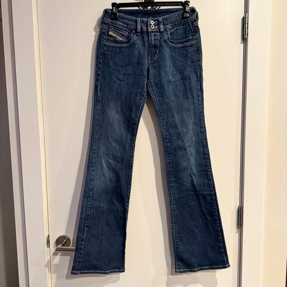 Diesel Bootcut Denim Jeans Blue Low Rise Button Fly Pocket Distressed Hem Sz 26 - Picture 1 of 9